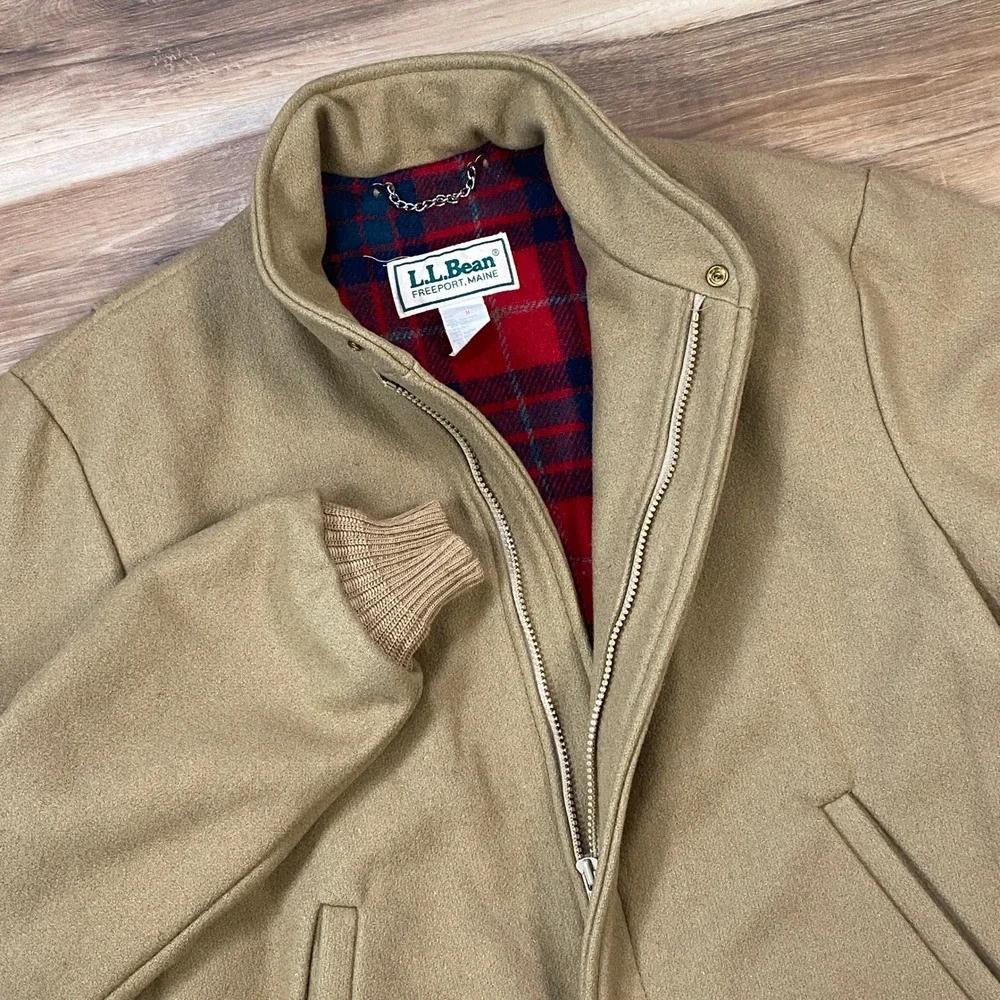 LL Bean Bomber Jacket Mens M Vintage Wool Plaid Lined Tan Heritage Made USA - Picture 2 of 12